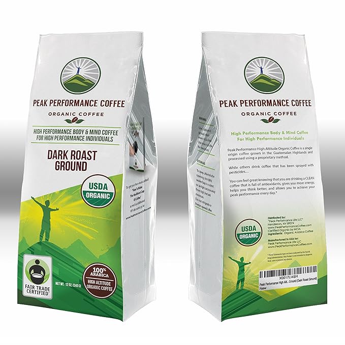 Peak Performance High Altitude Organic Coffee. Fair Trade, Low Acid, Non GMO, and Beans Full Of Antioxidants. Dark Roast Smooth Tasting USDA Certified Organic Ground Coffee Bag