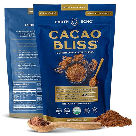 Earth Echo Cacao Bliss Organic Superfood Powder with MCT Oil and Turmeric for Natural Energy, Reduced Cravings, and Boosted Mental Clarity, Dairy-Free, Gluten-Free, Keto-Friendly, 30 Servings
