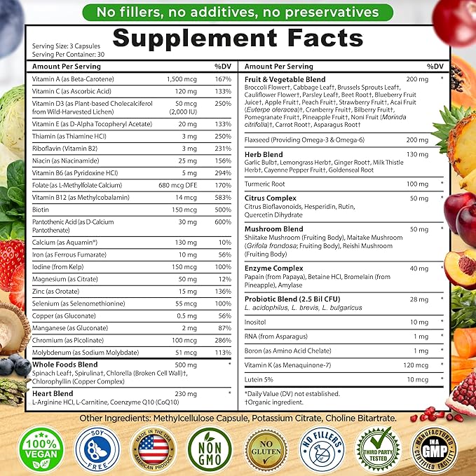 Vegan Whole Food Multivitamin with Iron, Daily Multivitamin for Women and Men, Made with Fruits & Vegetables, B-Complex, Probiotics, Enzymes, CoQ10, Omegas, Turmeric, Non-GMO, 90 Count