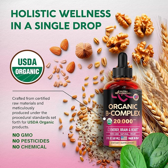 USDA Organic Vitamin B-Complex B5 Pantothenic Acid B12 Methylcobalamin B1 Thiamine B6 Pyridoxine B7 Biotin B9 Folic B3 Niacinamide 2fl oz