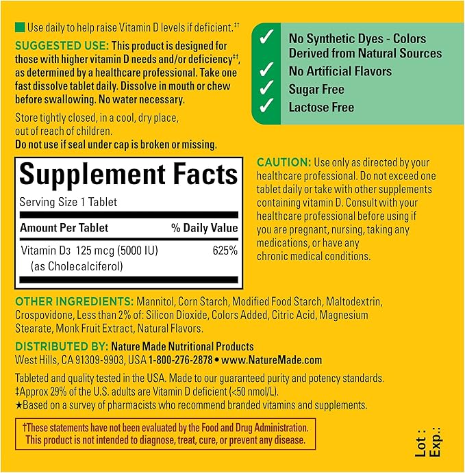 Nature Made Extra Strength Vitamin D3 5000 IU (125 mcg), 70 Sugar 70 Day