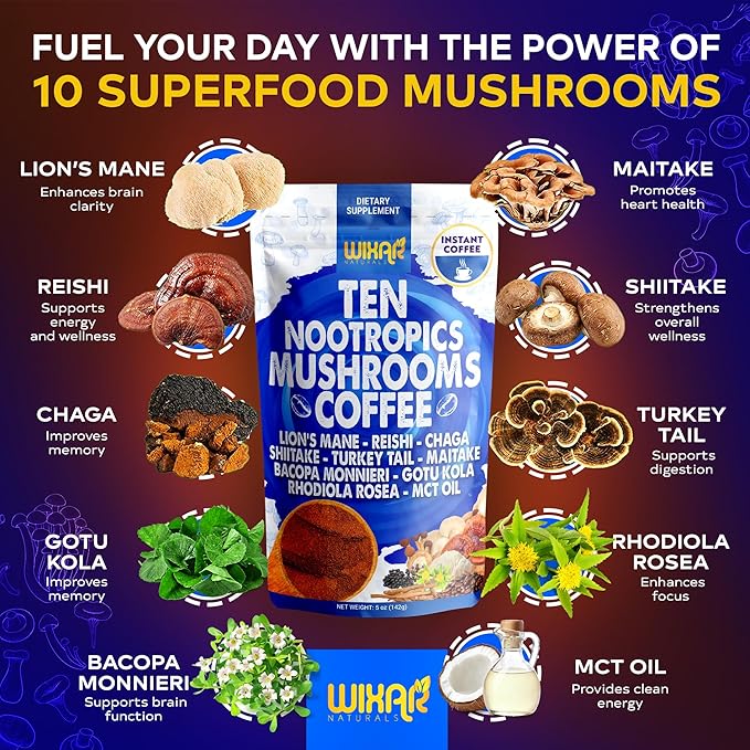 Wixar Nootropics Mushroom Coffee - Ten Superfood Extract Instant Coffee Powder with Lions Mane, Turkey Tail, Reishi, Chaga, Shiitake, Rhodiola Rosea, Gotu Kola, Bacopa - 5oz Mushrooms Supplement