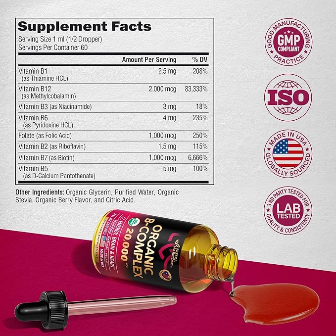 USDA Organic Vitamin B-Complex B5 Pantothenic Acid B12 Methylcobalamin B1 Thiamine B6 Pyridoxine B7 Biotin B9 Folic B3 Niacinamide 2fl oz