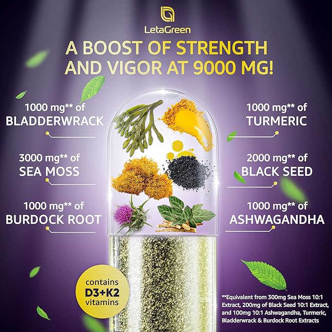 Sea Moss 3000mg Black Seed Oil 2000mg Ashwagandha 1000mg Bladderwrack 1000mg Burdock 1000mg Turmeric 1000mg & D3, K2 K2 with 120 Count