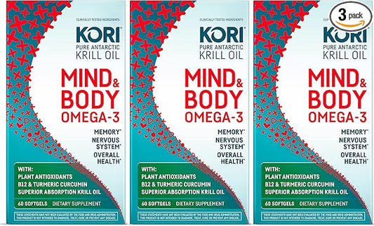 Kori Krill Kori Mind & Body Omega-3 Oil Omega 3, Brain Supplements for Memory and Focus, Lutein, Zeaxanthin, B12, Tumeric Curcumin, 60 Softgels (3 Pack)