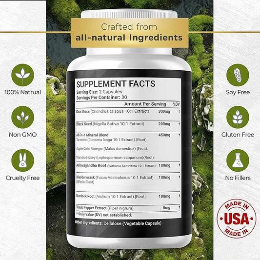 Sea Moss 3000mg Black Seed Oil 2000mg Ashwagandha 1000mg Turmeric 1000mg Bladderwrack 1000mg Burdock 1000mg & D3 with 120 Count
