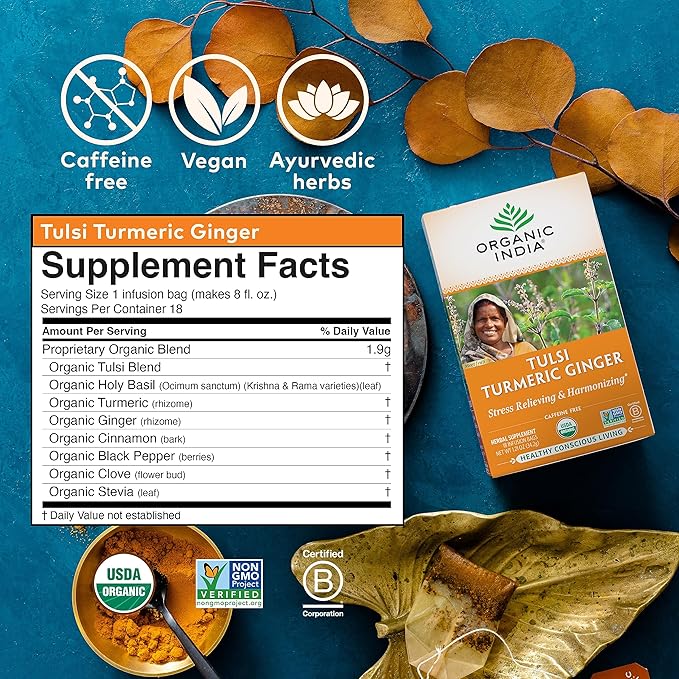 ORGANIC INDIA Tulsi Turmeric Ginger Herbal Tea - Stress Relieving & Harmonizing, Immune Support, Aids Digestion, Vegan, Caffeine-Free - 18 Infusion Bags, 6 Pack